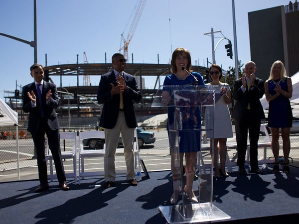Donna Bland, CEO of Golden 1 Credit Union, announces her company's naming rights to the Golden 1 Center.
