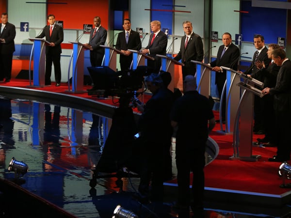 Republican presidential candidates from left, Chris Christie, Marco Rubio, Ben Carson, Scott Walker, Donald Trump, Jeb Bush, Mike Huckabee, Ted Cruz, Rand Paul, and John Kasich take the stage for the first Republican presidential debate.