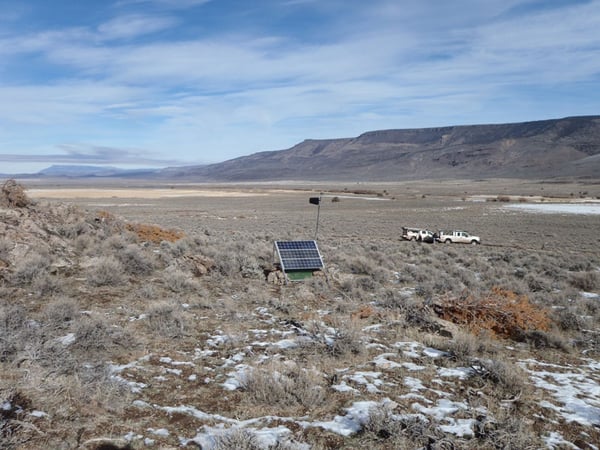 This undated photo provided by the University of Nevada Reno, shows an earthquake sensor placed by scientists from UNR's Nevada Seismological Laboratory in and around the Sheldon Wildlife Refuge near Gerlach, Nev.