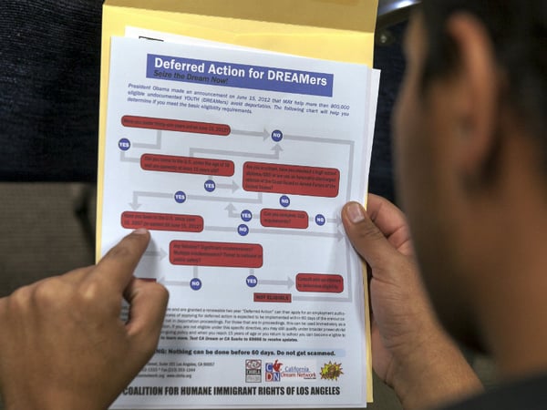 FILE: A legal immigrant reads a guide of the conditions needed to apply for the so-called 'DREAMers' Obama program, formally known as Deferred Action for Childhood Arrivals (DACA) in Los Angeles Wednesday, Aug. 15, 2012.
