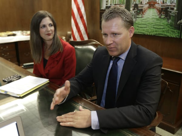 Assemblyman Chad Mayes, R-Yucca Valley talks with reporters after being elected to replace Assemblywoman Kristin Olsen, R-Riverbank, as the new Assembly Minority Leader, Tuesday, Sept. 1, 2015, in Sacramento,Calif. 