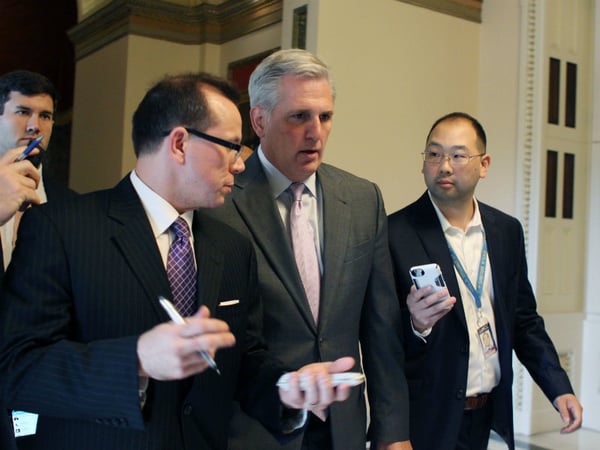 House Majority Leader Kevin McCarthy of Calif. is pursued by the media on Capitol Hill in Washington, Friday, Sept. 25, 2015. 