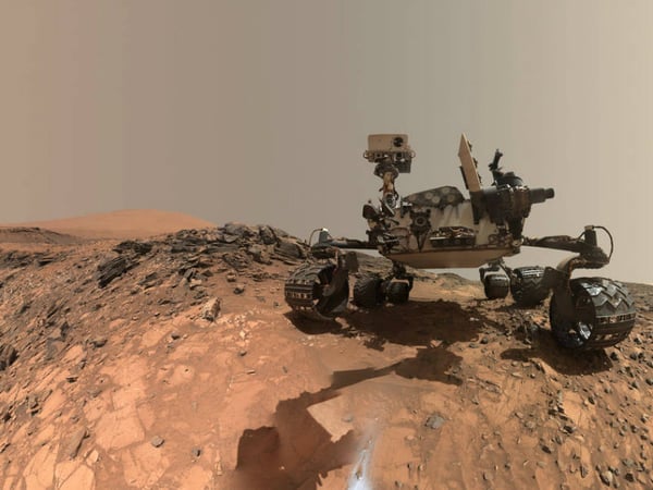 This low-angle self-portrait of NASA's Curiosity Mars rover shows the vehicle at the site from which it reached down to drill into a rock target called "Buckskin" on lower Mount Sharp.
