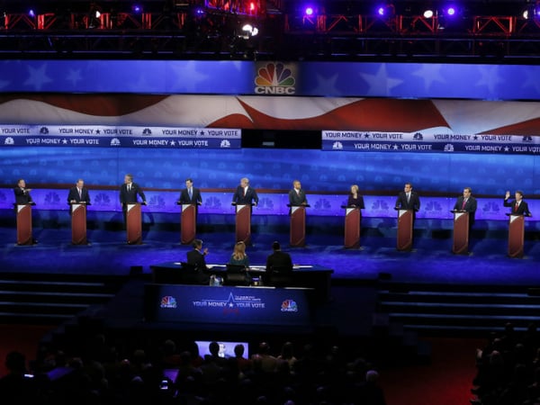 Republican presidential candidates, from left, John Kasich, Mike Huckabee, Jeb Bush, Marco Rubio, Donald Trump, Ben Carson, Carly Fiorina, Ted Cruz, Chris Christie, and Rand Paul appear during the CNBC Republican presidential debate.
