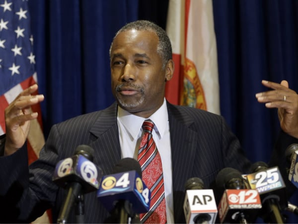 Republican presidential candidate Ben Carson speaks to reporters during a news conference before the Black Republican Caucus of S. Florida "Diamonds & Ice" Scholarship gala, Friday, Nov. 6, 2015, in Palm Beach Gardens, Fla.
