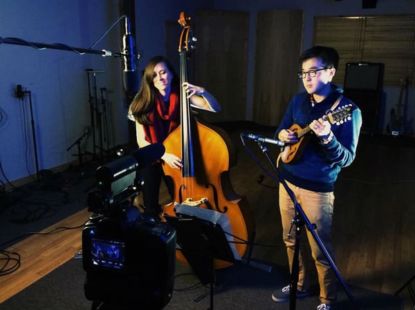 Casey Lipka and Joe Kye recording a live track for Christmas In The Well.