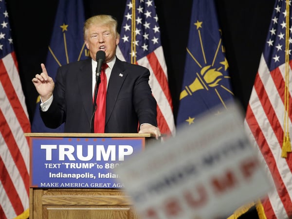 Republican presidential candidate Donald Trump speaks during a campaign stop Wednesday, April 20, 2016, in Indianapolis.  