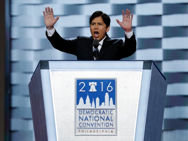 State Sen. Kevin de Leon, D- Calif., speaks during the first day of the Democratic National Convention in Philadelphia, Monday, July 25, 2016. 