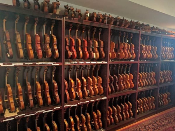 Just part of David Bromberg's collection of more than 250 American violins, crafted by nearly as many makers.