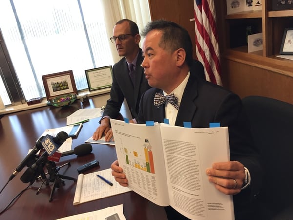 Asms. Phil Ting (D-San Francisco) and Kevin McCarty (D-Sacramento), discuss a state audit critical of the University of California Office of the President on Tuesday, April 25, 2017. Ting is holding the audit as he speaks.