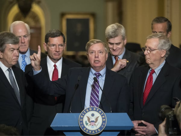 Sen. Lindsey Graham, R-S.C.,speaks to reporters as he pushes a last-ditch effort to uproot former President Barack Obama's health care law, at the Capitol in Washington, Tuesday, Sept. 19, 2017.