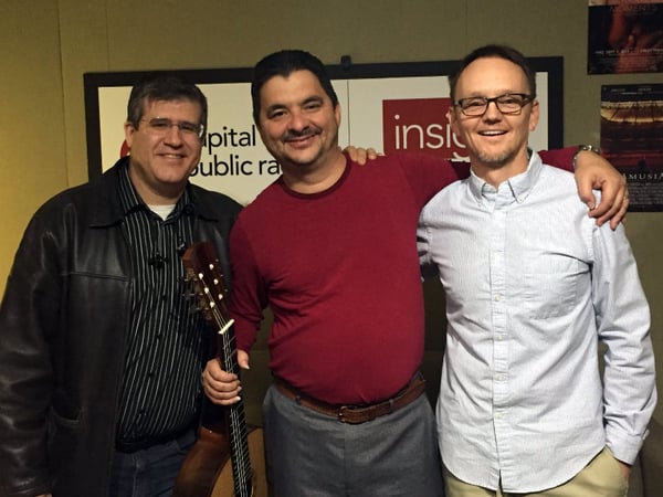 The Guittaraganza founders David Chapman (left) and Travis Silver (right) with Cuban-born guitarist Manuel Espinas (center).