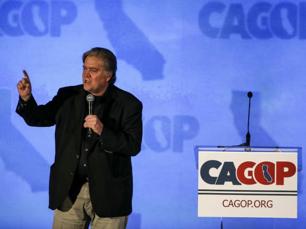 Steve Bannon, a former White House adviser to President Donald Trump, speaks at the California Republican Convention in Anaheim, Calf., on Friday Oct. 20, 2017. 