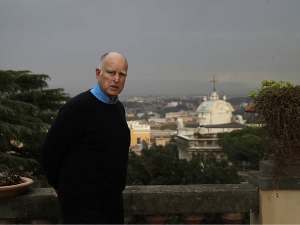 California Gov. Jerry Brown poses for a photo after an interview with the Associated Press in Rome, Friday, Nov. 3, 2017. 