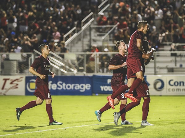 Sacramento Republic FC players celebrate a goal against the Vancouver Whitecaps FC 2 Aug. 5, 2017.