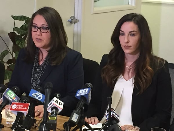Pamela Lopez and Jessica Yas Barker at a press conference in Sacramento where they accused Asm. Matt Dababneh of sexual harassment.