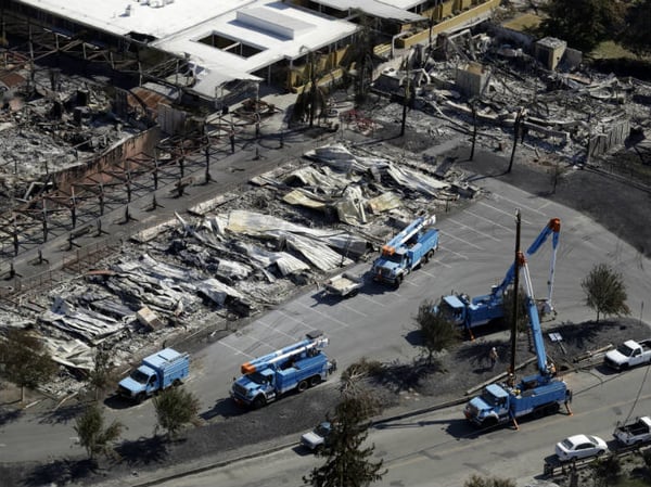 File - In this Oct. 14, 2017 file photo, Pacific Gas & Electric crews work on restoring power lines in a fire ravaged neighborhood in an aerial view in the aftermath of a wildfire in Santa Rosa, Calif. California