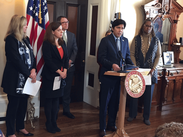 California Senate leader Kevin de León announces new policies for sexual harassment complaints and investigations at a news conference at the state Capitol on Thursday, December 14, 2017.