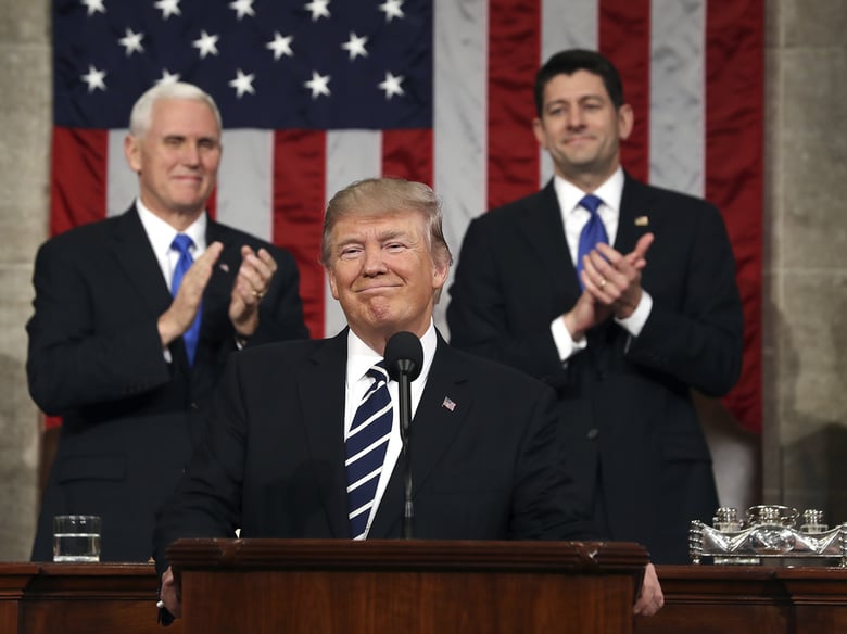 President Trump, flanked by Vice President Pence and House Speaker Paul Ryan, gave a joint address to Congress in February 2017, soon after his inauguration.
