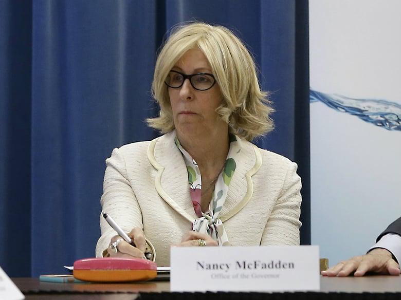 In this Thursday, April 16, 2015 file photo, Gov. Jerry Brown's Executive Secretary Nancy McFadden listens during a meeting on water use at the Capitol in Sacramento, Calif. 