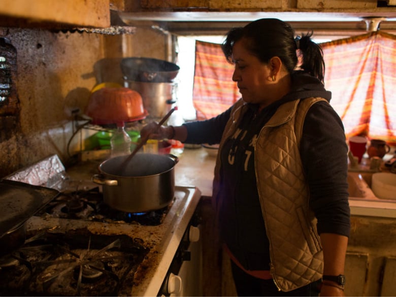 Farmworker Alma in the kitchen on the Fresno mobile home she shares with her husband and four children. 