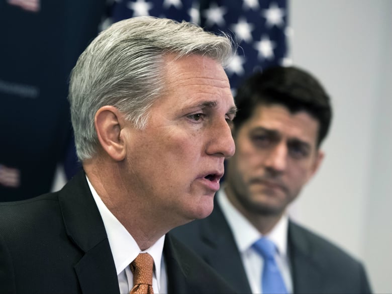 House Majority Leader Kevin McCarthy, R-Calif., joined at right by Speaker of the House Paul Ryan, R-Wis., talks with reporters following a closed-door GOP strategy session at the Capitol in Washington, Tuesday, Feb. 6, 2018.