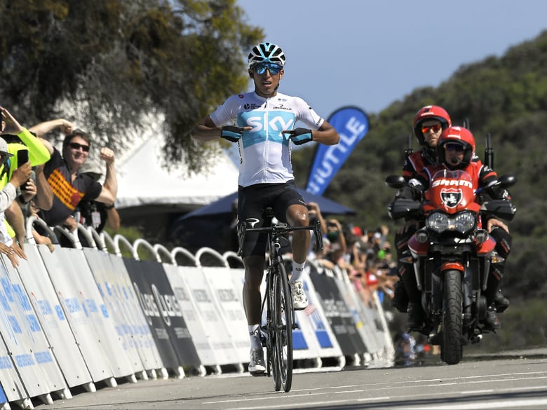 Bernal Gomez, of Colombia, celebrates as he wins Stage 2 of the AMGEN Tour of California Monday, May 14, 2018, in Santa Barbara, Calif. 
