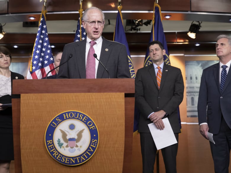 House Agriculture Committee Chairman Mike Conaway, R-Texas, joined from left by Rep. Cathy McMorris Rodgers, R-Wash., Speaker of the House Paul Ryan, R-Wis., and Majority Leader Kevin McCarthy, R-Calif.