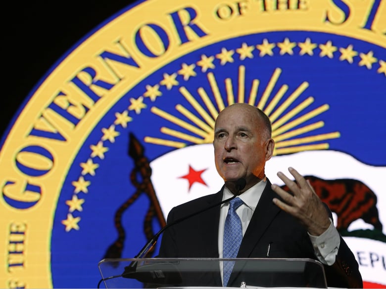 Gov. Jerry Brown speaks at the annual Sacramento Host Breakfast Thursday, May 24, 2018, in Sacramento, Calif.