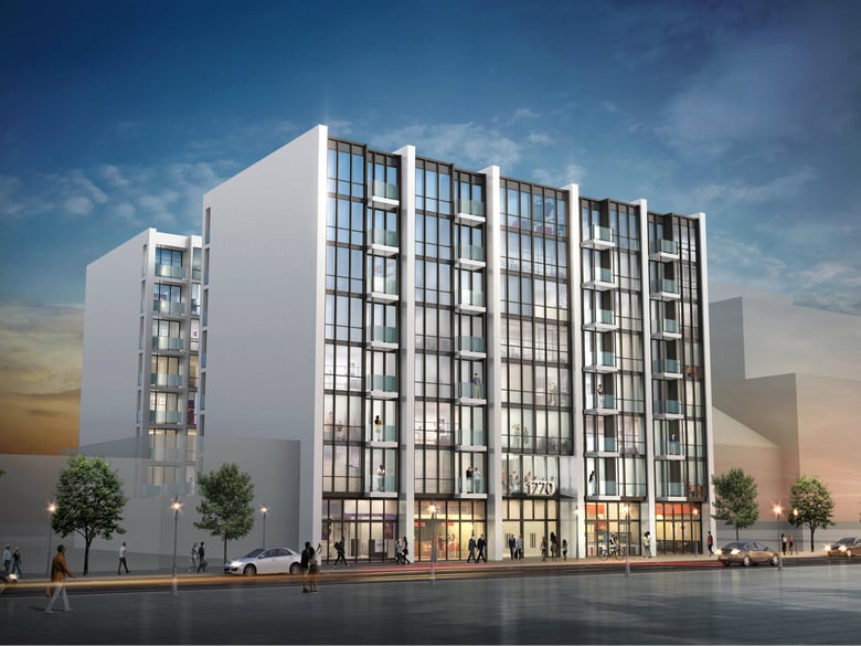 An artist's rendering of an eight-story mixed use project proposed near H and 12th streets in downtown Sacramento. It would include 97 rental units above ground-floor retail space.