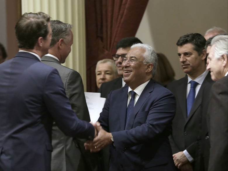 Antonio Costa, center, the prime minister of Portugal, is greeted by Sen. Henry Stern, D-Canoga Park, left, during his appearance at the Capitol, Thursday, June 14, 2018, in Sacramento, Calif.