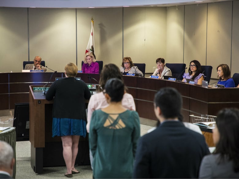 Advocates line up on July 11, 2018, to lobby the California Board of Education for a "growth model" to measure student progress on state tests.