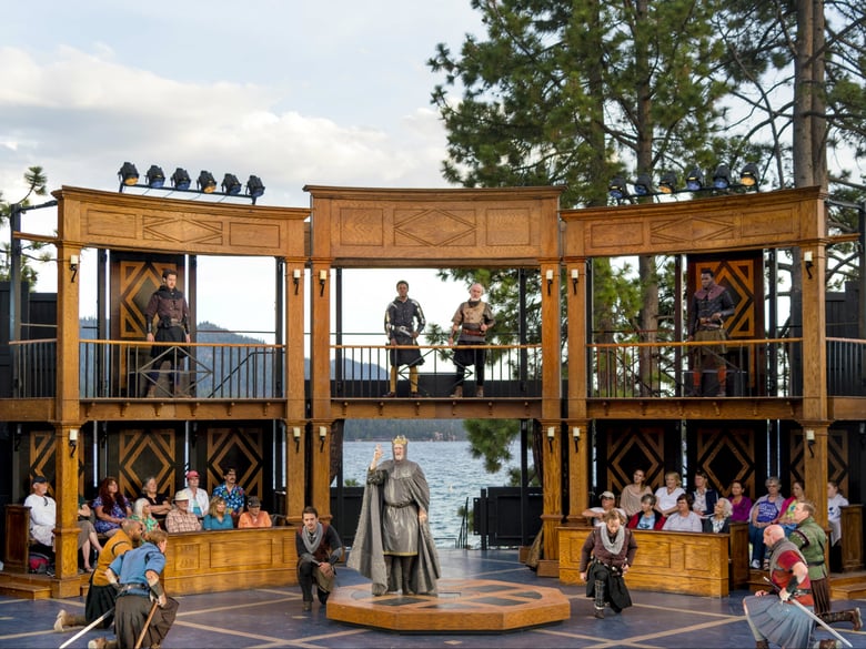 Duncan, King of Scotland (David Anthony Smith, center), addresses his subjects in the Lake Tahoe Shakespeare Festival’s production of Macbeth at Sand Harbor in Lake Tahoe Nevada State Park, which runs through August 26.