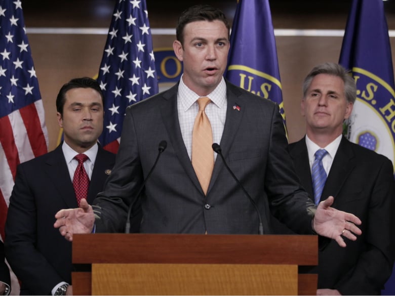 In this April 7, 2011 photo, U.S. Rep. Duncan Hunter, R-Calif., center, speaks during a news conference on Capitol Hill. A federal grand jury in California on Tuesday, Aug. 21, 2018, has indicted Rep. Duncan Hunter and his wife on corruption charges.
