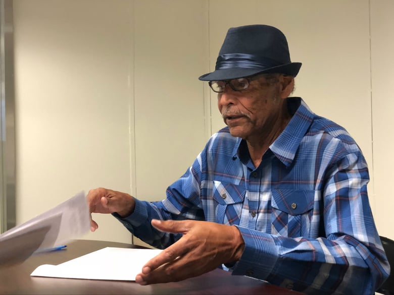 Terry Williams, at the Inner City Law Center offices in Los Angeles on August 7, 2018. Williams, 71, lives in South Central LA with his wife, and says his stomach dropped when he first got an eviction notice in July. 
