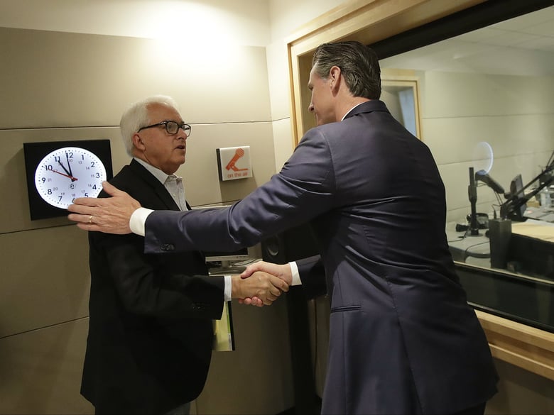 Republican candidate John Cox, left, shakes hands with Democratic candidate Gavin Newsom after a California gubernatorial debate at KQED Public Radio Studio in San Francisco, Monday, Oct. 8, 2018. (AP Photo/)