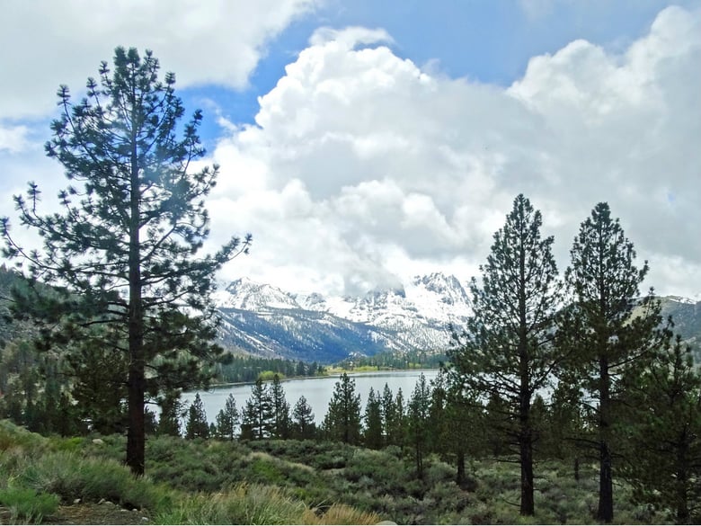 Storm clouds over June Lake and Carson Peak in the Sierra Nevada.