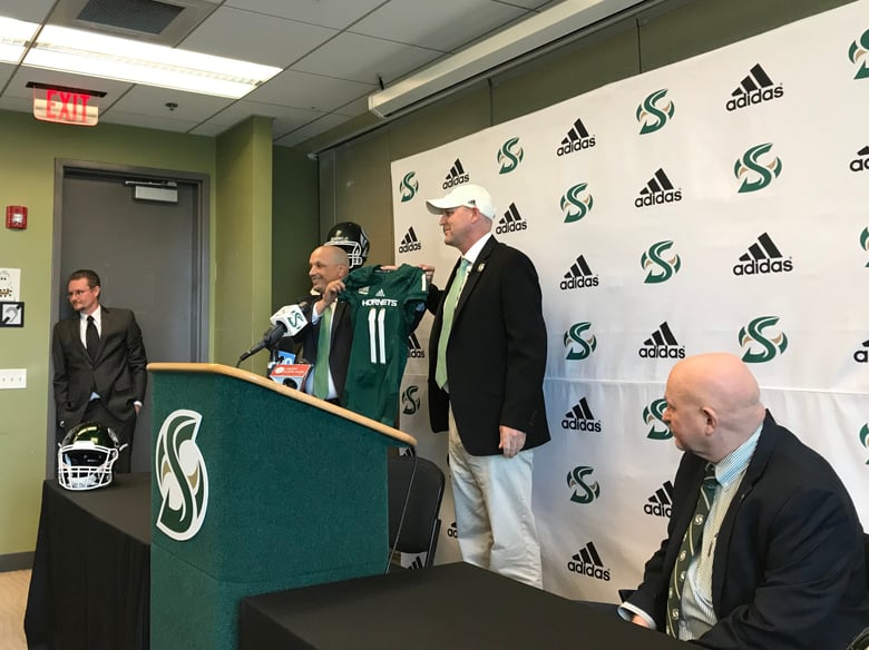 Sacramento State Athletic Director Mark Orr and new football Head Coach Troy Taylor at a press conference Tuesday.
