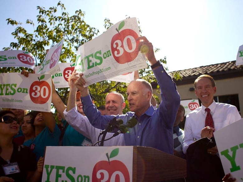 California Gov. Jerry Brown campaigns for his sales and income tax ballot measure known as Proposition 30 at Sacramento City College in October 2012.