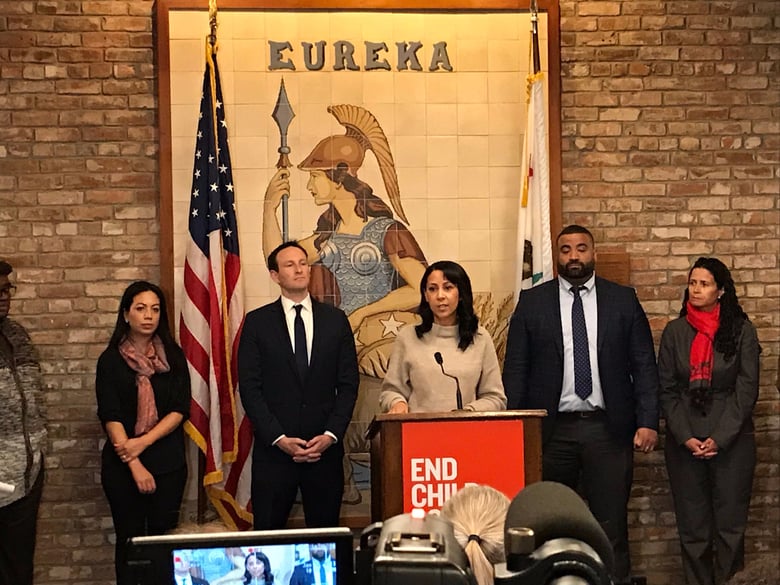 Asm. Autumn Burke (D-Inglewood) speaks about proposals to end deep child poverty at a press conference at the Capitol Jan. 22, 2019.