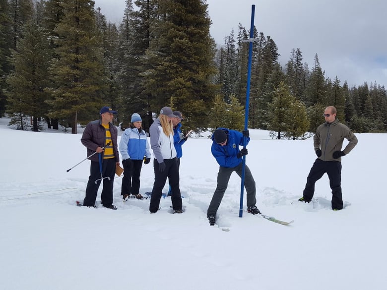 The fourth snow survey of the water year recorded 106.5 inches of snow depth and a snow water equivalent of 51 inches, which is 200 percent of average for this location, 90 miles east of Sacramento in El Dorado County.