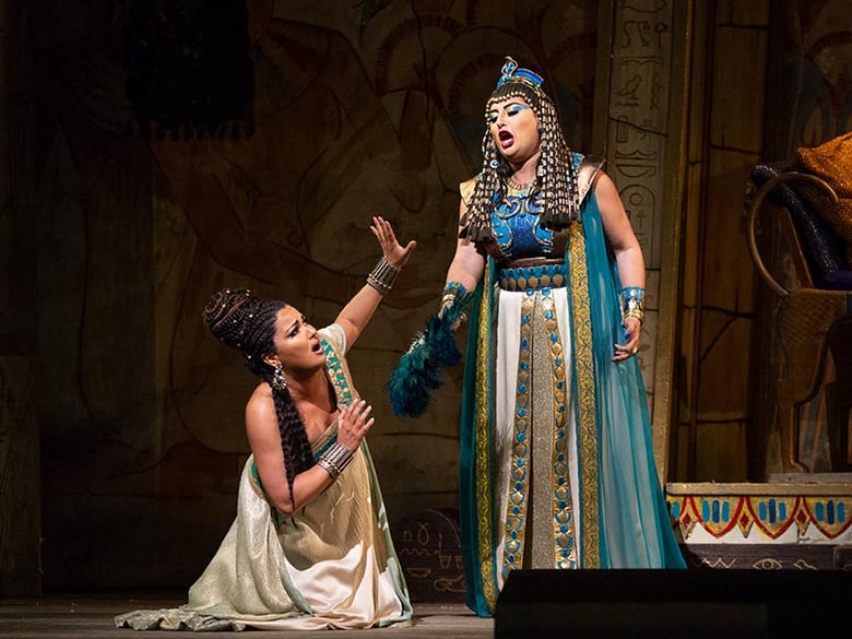 Anna Netrebko as Aida and Anita Rachvelishvili as Amneris in Verdi's "Aida." Photo: Marty Sohl/Met Opera