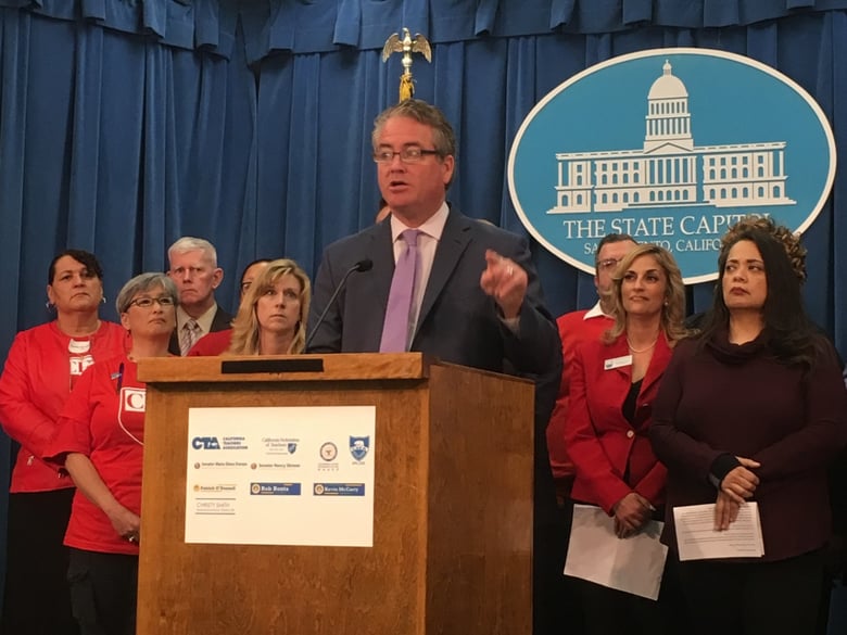 Long Beach Democratic Assemblyman Patrick O’Donnell speaks at the Capitol about a legislative package that would impose a statewide cap on the number of charter schools, and new oversight rules.