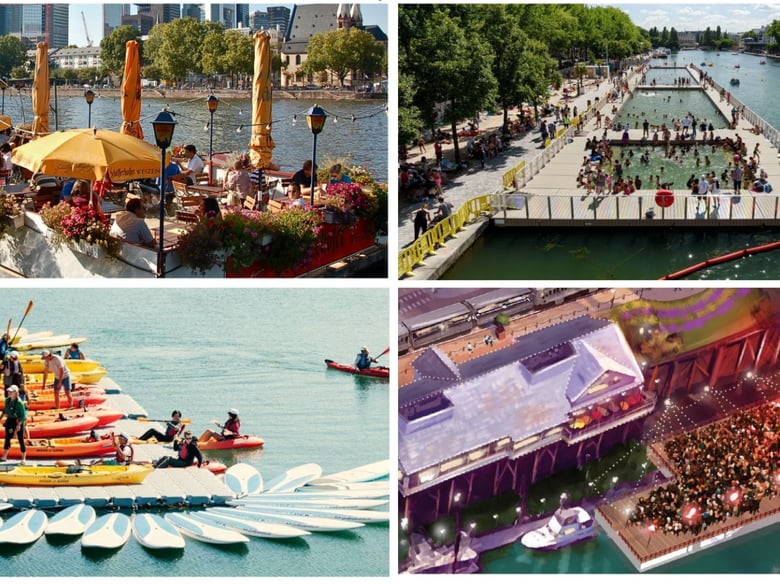 A rendering of the proposed changes to Sacramento's waterfront, which include floating terraces.