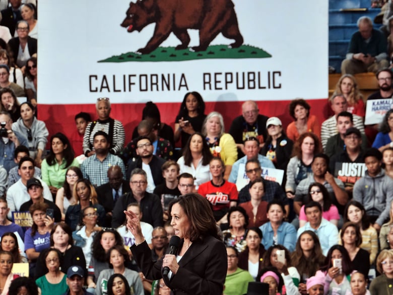 Democratic presidential candidate Sen. Kamala Harris, D-Calif., center, talks during her first campaign organizing event at Los Angeles Southwest College in Los Angeles, Sunday, May 19, 2019.