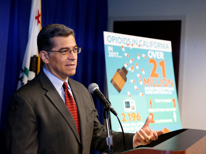 California Attorney General Xavier Becerra discusses the lawsuit his office has filed to Purdue Pharma for it's painkiller Oxycontin, during a news conference, Monday, June 3, 2019, in Sacramento, Calif.