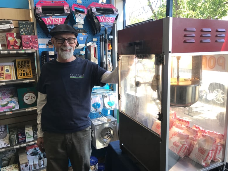 East Sac Hardware employee Steve Carlson stands by the store’s popcorn machine, which was on a brief hiatus after someone called the Sacramento County Environmental Health Division with a complaint.