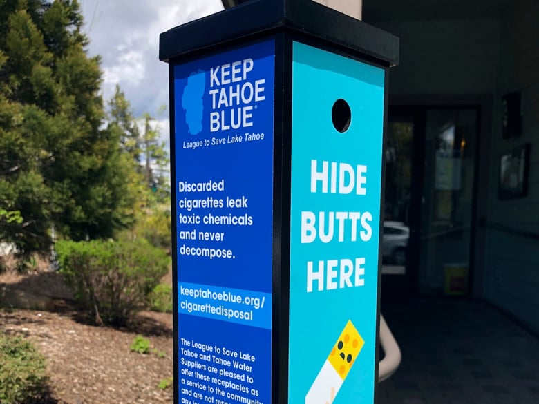This May 2019 photo provided by the League to Save Lake Tahoe shows one of the 250 cigarette butt canisters the league and the Tahoe Water Supplies Association is starting to place around the lake, in Stateline, Nev.