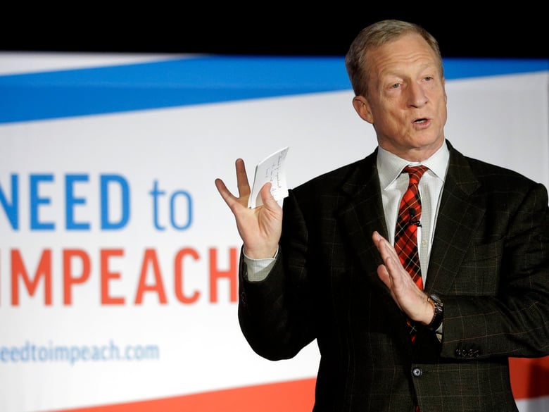 In this March 13, 2019, photo, billionaire investor and Democratic activist Tom Steyer speaks during a "Need to Impeach" town hall event in Agawam, Mass. Steyer claims that President Donald Trump meets the criteria for impeachment.