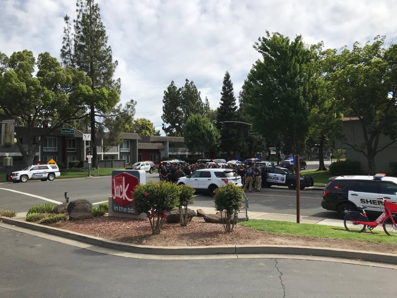 Sacramento County sheriff's deputies respond to an active shooter situation within an apartment complex on La Riviera Drive Tuesday morning.